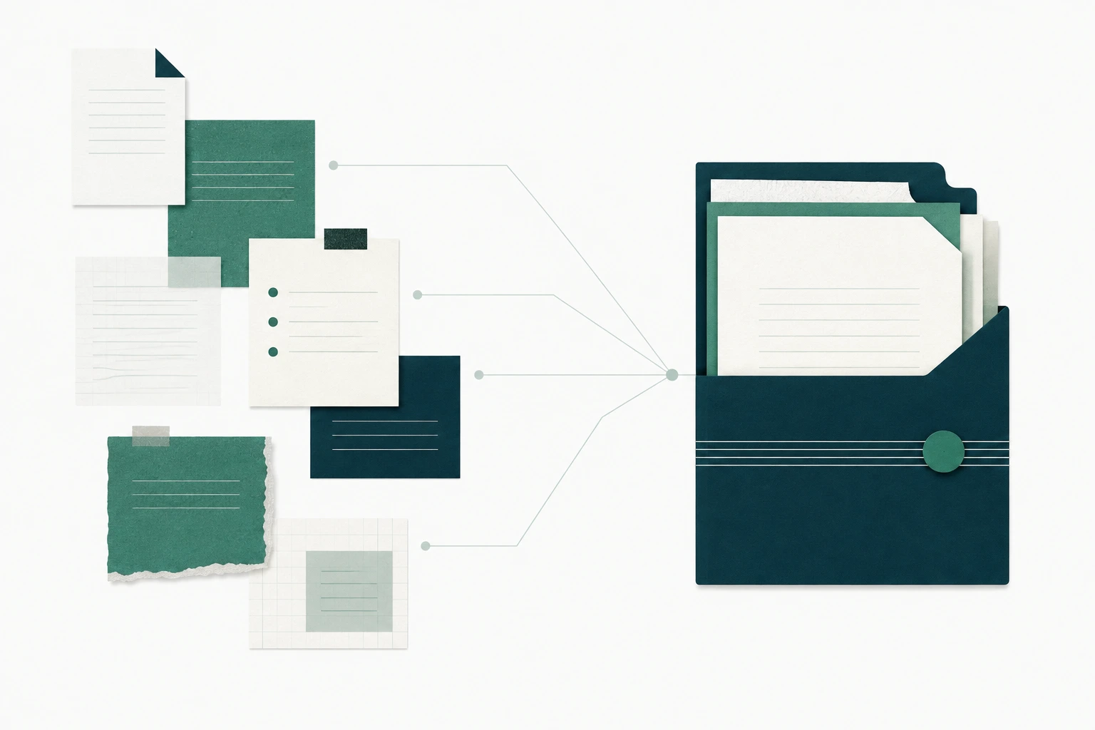Documentos de diferentes origens conectados a um dossiê central para revisão.